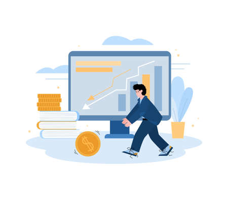 The concept of financial success. Businessman and gold coins near the monitor with graphs and charts. Flat cartoon vector illustration isolated on a white backgroundのイラスト素材