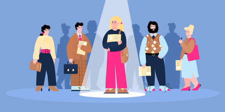 Employee hiring banner with cartoon characters of standing in line job candidates, flat vector illustration. Recruitment and employment, staff hiring concept.の写真素材
