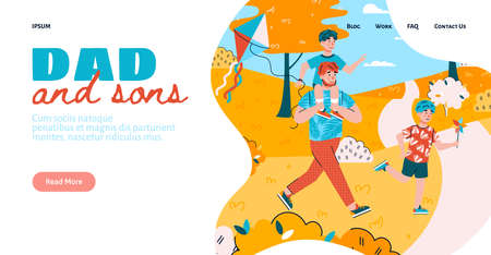 Dad and son website banner design with characters of man and children walking together, flat vector illustration. Family lifestyle and responsible parenthood.のイラスト素材