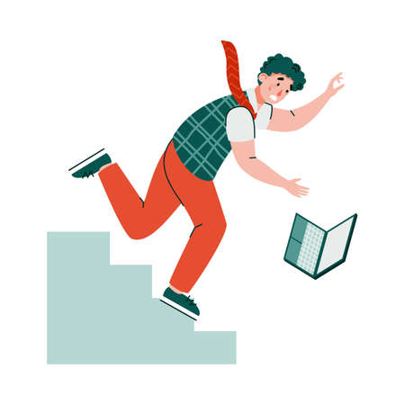Shocked young man or guy with laptop is falling down from a staircase. Accident, injury, misfortune or failure. Vector flat cartoon illustration isolated on a white backgroundのイラスト素材