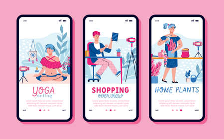 A set of bloggers who make online videos for Internet content. Mobile app interface on phone screen with review of yoga, overview shopping and home plants. Vector flat illustrationsのイラスト素材