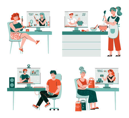 Video tutorials or educational online videos for the Internet. Bloggers tell their followers about beauty, cooking, video games and shopping. Set of flat isolated vector illustrationのイラスト素材