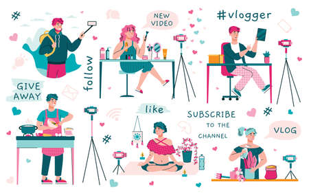 Set of vloggers or video bloggers making stream for social media, flat cartoon vector illustration isolated on white background. Vloggers creating video content.のイラスト素材