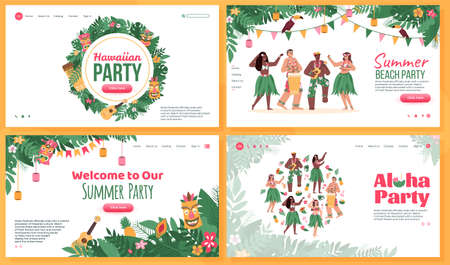 Set of website pages for dance and music beach party in Hawaiian style, flat cartoon vector illustration. Beach bar or tropical party landing page template.の写真素材