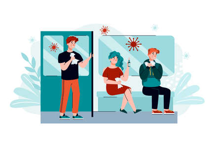 Coronavirus germs on subway train - sick people riding metro with virus bacteria floating around in air. Vector illustration of public transportation with COVID 19 dangerのイラスト素材