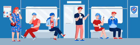 An outbreak of a coronavirus infection. People with flu symptoms ride the subway. Sick men and women without masks are in public transport. Vector flat illustrationsのイラスト素材
