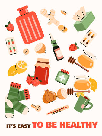 A banner or poster with set of icons for home treatment of the flu virus or coronavirus and text. Alternative medicines for colds. Flat isolated vector illustration.のイラスト素材