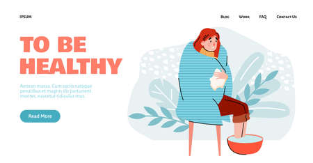 Woman with flu virus or cold disease symptom soaking feet in hot water basin wrapped in warm blanket. Sick person using home treatment method, vector illustration.のイラスト素材