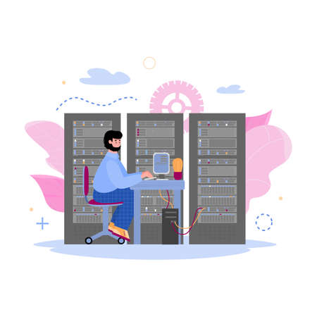 Technology of data storage concept with male character of data center worker in server room, cartoon...
