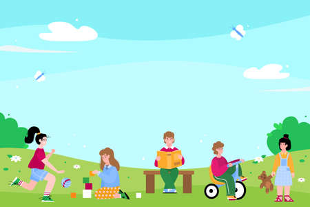 Cute kindergarten kids or preschoolers playing outside, flat vector illustration. Little boys and girls on a walk against backdrop of summer landscape.のイラスト素材