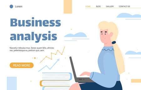 Successful businesswoman or top manager is engaged in business analysis. Concept of big earnings, growth of well-being and good work. Vector cartoon illustration. Landing page templateのイラスト素材