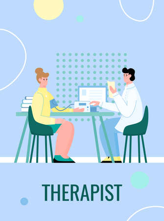 Medical banner of therapist specialist with cartoon characters of doctor and patient, flat vector illustration. Card or poster for physician office of healthcare clinic.のイラスト素材