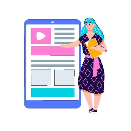 Copywriting or content creation app concept - cartoon woman giving website presentation for creative blog or text editing on phone screen, isolated vector illustration.のイラスト素材