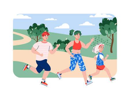Family doing fitness outdoors with children. Family doing sport running and exercising healthy lifestyle, flat cartoon vector illustration isolated backgroundのイラスト素材