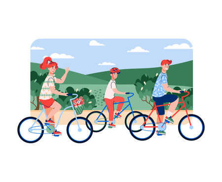 Family of parents and son riding bicycle against summer meadow backdrop, flat cartoon vector...
