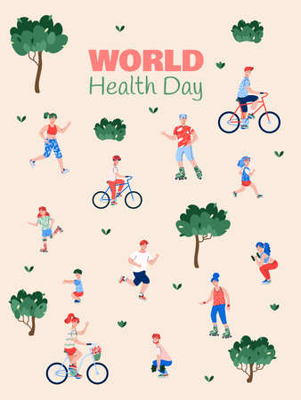 Banner or poster for World Health Day with people performing sport outdoor activity at backdrop of summer park, flat vector illustration. Idea of healthy lifestyle.のイラスト素材