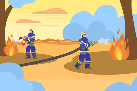 Professional crew of firemen fighting fire in wildland forest using water hose and wearing special uniform with helmet, flat cartoon vector illustrationのイラスト素材