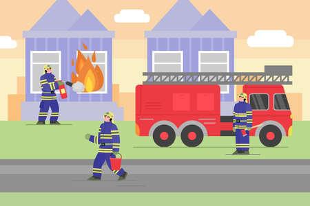 Three firefighters wearing uniform fighting fire in house with extinguisher and fire truck with hose. Heroes rescuing people, flat cartoon vector illustrationのイラスト素材
