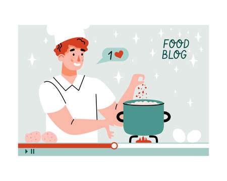 Recording of food blog with cartoon character of blogger cooking online, flat vector illustration isolated on white background. Culinary recipe video tutorial.のイラスト素材