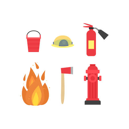 Set of fireman equipment for fighting fire and rescueing people. Professional instruments for providing aid, flat cartoon vector illustration isolated white backgroundのイラスト素材