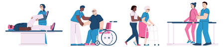Physiotherapy and rehabilitation of injured people horizontal banner, flat cartoon vector illustration. Rehabilitation center with medical staff and patients.のイラスト素材
