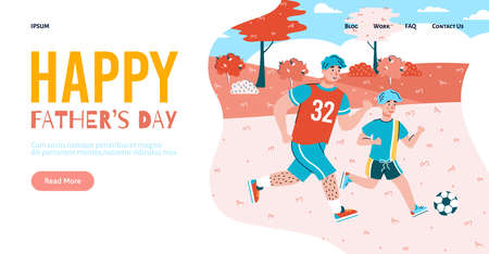 Happy fathers day website interface mockup with cartoon characters of father and son playing football, flat vector illustration. Fatherhood holiday celebration.のイラスト素材