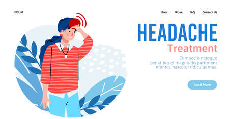Headache treatment medical website with woman suffering from head pain or migraine, cartoon vector illustration. Health and treatment of cerebrovascular disease.のイラスト素材