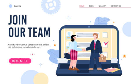 The hr manager welcomes the new employee. The male candidate is hired. Join our team. Vector flat illustration. Landing page template.のイラスト素材