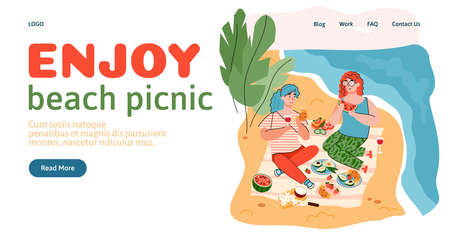 Young women had picnic on the sea beach on summer sunny day. Sisters or friends enjoy leisure, weekend or vacation. Vector cartoon illustration. Landing page templateのイラスト素材