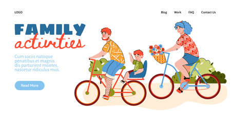 Family activities website banner mockup with parents and child enjoying joint bicycle ride outdoors, cartoon vector illustration. Family sports and summer activity.のイラスト素材