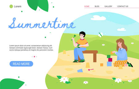 Summertime website page template with kids playing in playground, cartoon flat vector illustration. Kindergarten kids or preschoolers in the summer outdoors.のイラスト素材