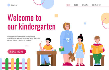 Web page design for kindergarten. Vector flat cartoon illustration with a female teacher and playing preschool children. Landing page template.のイラスト素材