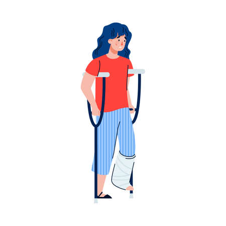 Injured woman cartoon character walks with crutches, flat vector illustration isolated on white background. Young woman with wounded leg and gypsum bandage.のイラスト素材