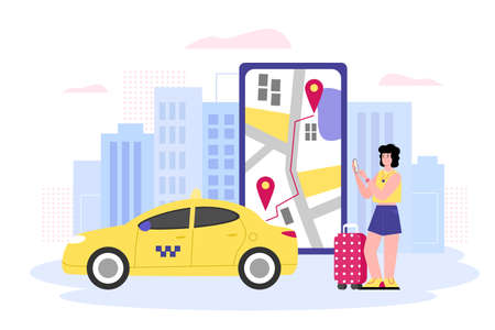 Mobile city transportation concept with traveling woman ordering taxi online, flat vector illustration isolated on white background. Online taxi car service.のイラスト素材