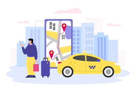 Online taxi service banner with cartoon character of man placing car order in mobile app, flat vector illustration isolated on white background. Taxi for city trips.のイラスト素材