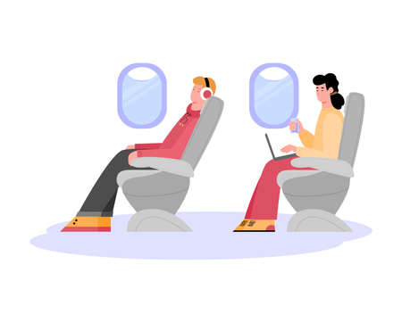 People are sitting in passenger seats inside the plane. A journey or travel by aircraft. Airline plane at economy class. Flat cartoon isolated vector illustrationのイラスト素材