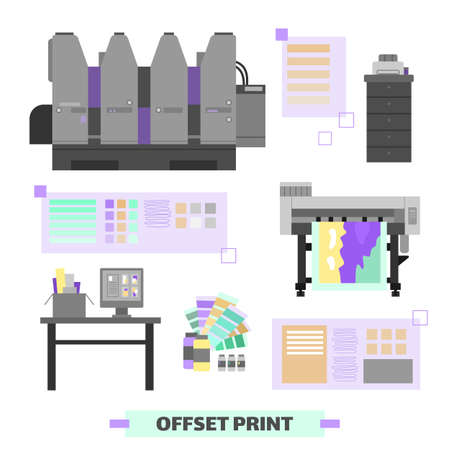 Polygraphy and printing house equipment and facility set of flat cartoon vector illustrations...