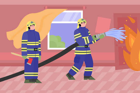 Fire department firefighters extinguish a fire in an apartment, flat cartoon vector illustration....