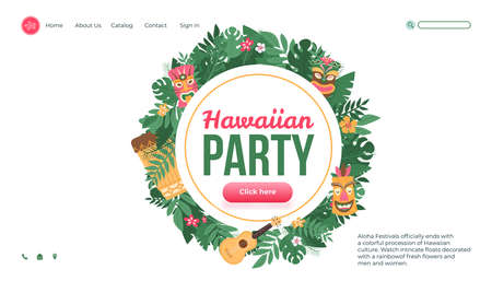 Aloha Hawaiian party website interface design with tropical leaves, flat vector illustration. Beach or pool summer party in hawaiian style organization.のイラスト素材