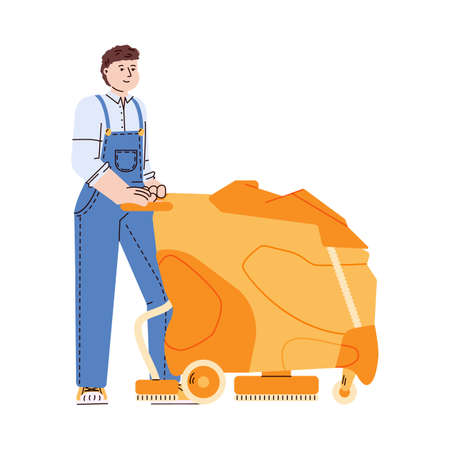 Cleaning service worker in uniform overall washes floor with professional floor washing machine, flat cartoon vector illustration isolated on white background.のイラスト素材