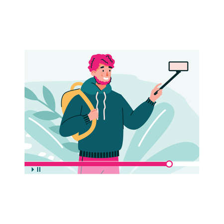 Traveling man with camera - tourism and travel blogging concept, flat cartoon vector illustration...