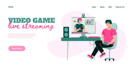 Video game life streaming website interface with cartoon characters of game blogger and gamer, flat vector illustration. Cyber sport broadcasting or blogging.のイラスト素材