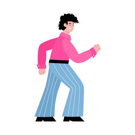 Man wearing retro style 80s costume with pink shirt and wide blue pants with blue stripes. 1980s party, flat cartoon vector illustration isolated white backgroundのイラスト素材