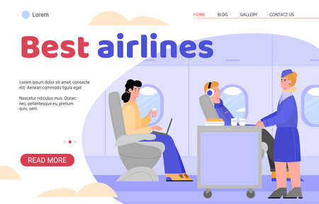 Best airlines landing page for website. Flight attendant walking in aircraft offering plane passengers food and drinks, flat cartoon vector illustration white backgroundのイラスト素材