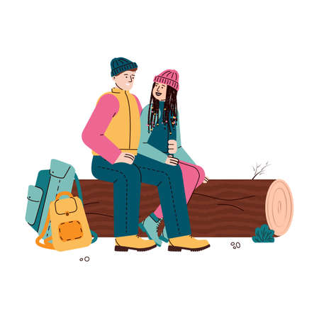 Couple of young tourists man and woman rest sitting on a log, flat cartoon vector illustration isolated on white background. Characters for hiking and tourism topic.のイラスト素材