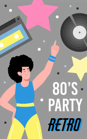 Colorful banner template for retro 80s disco party with cartoon woman and elements of eighties fashion, cartoon vector illustration. Retro dance party poster.のイラスト素材