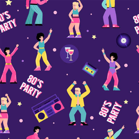 Bright colorful seamless repeatable pattern on topic of 80s disco dance party with dancing people, flat cartoon vector illustration on dark purple background.のイラスト素材