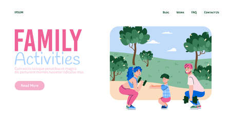 Happy family training together in the park. Mother, father and son do outdoor exercises. Healthy lifestyle. Landing page template. Vector flat cartoon illustrationのイラスト素材