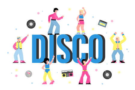 Disco big inscription and dancing people cartoon characters flat vector illustration isolated on white background. Banner for disco retro dance and music party.のイラスト素材