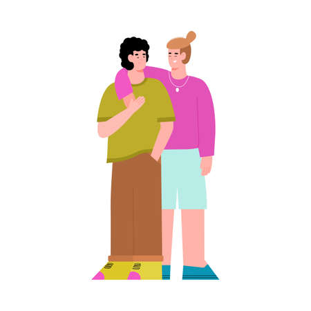 Adult young men who have entered into a same-sex relationship. Gay lovers hugging. An LGBT couple. Flat vector illustration isolated on a white background.のイラスト素材